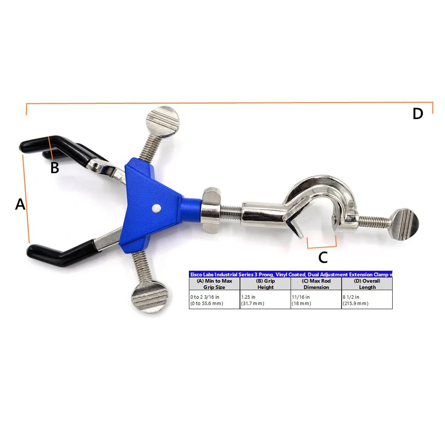 3-Finger Adjustable Lab Clamp with Swivel Bosshead – Heavy-Duty Zinc Alloy, Vinyl-Coated Jaws, 2.4" Opening for Beakers, Flasks & Test T