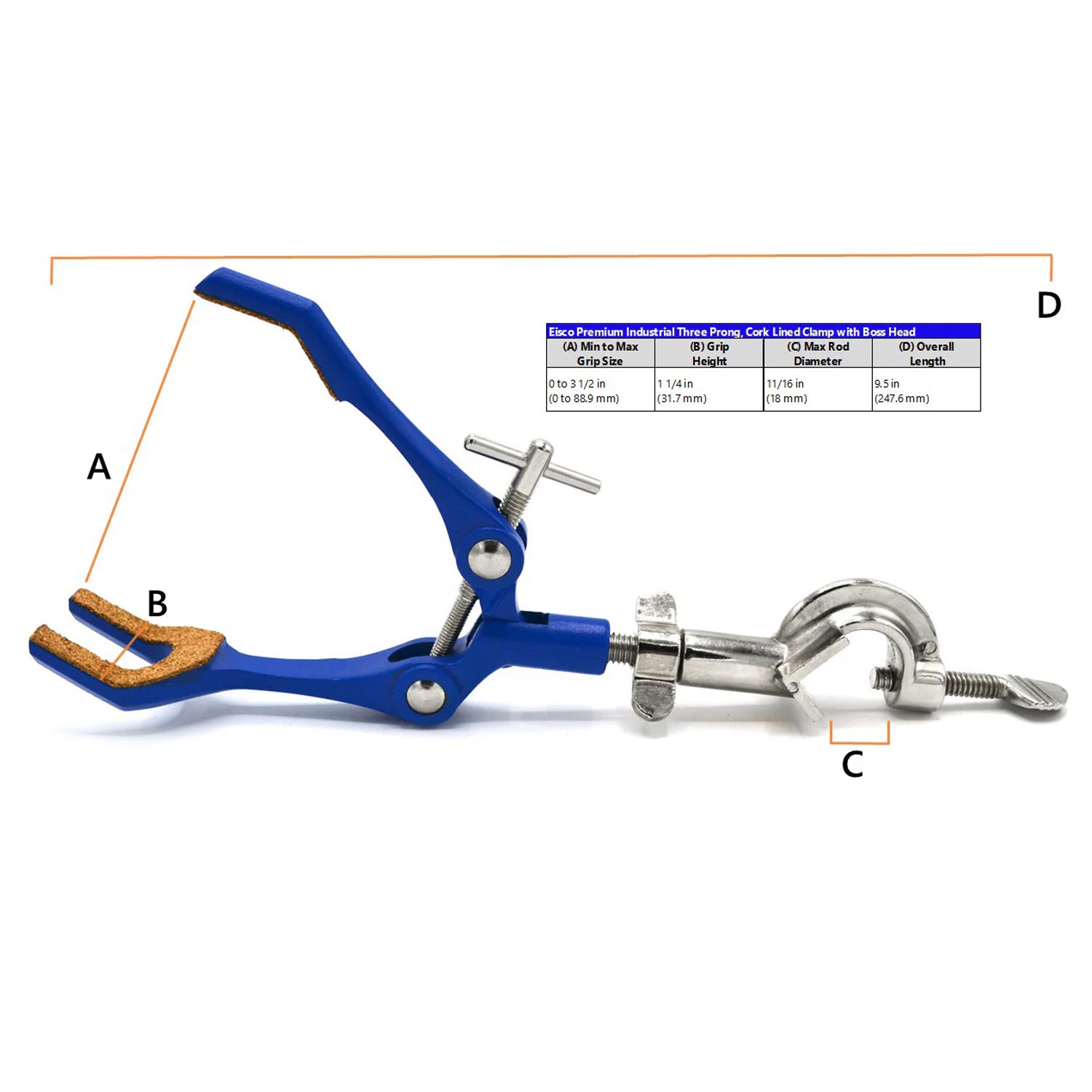 3-Finger Cork Lined Extension Clamp with Swivel Bosshead – 3.4" Max Opening, Zinc Alloy Lab Clamp for Flasks, Beakers & Test Tubes