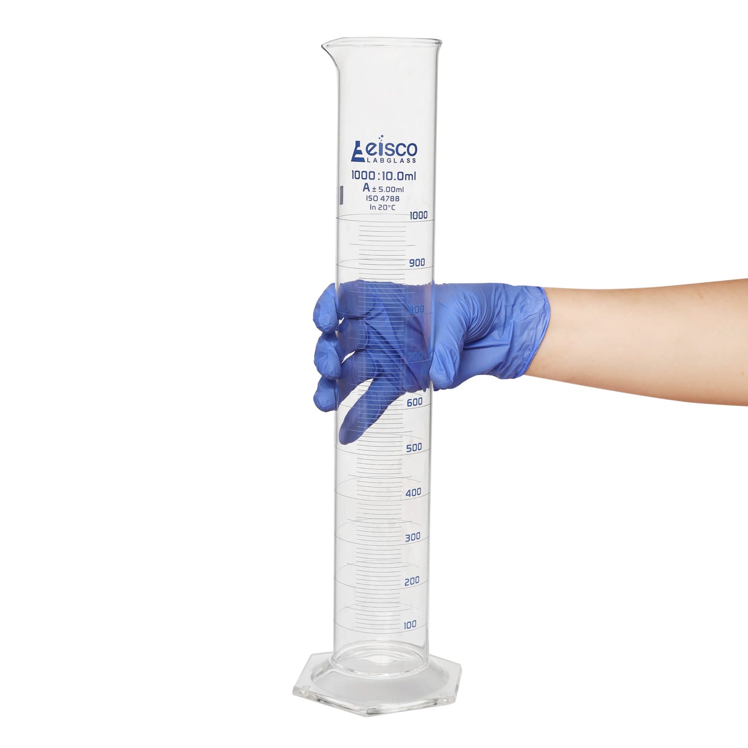 1000mL Class A Glass Graduated Cylinder with Hexagonal Base & Blue Graduations – Borosilicate 3.3, Eisco Labs