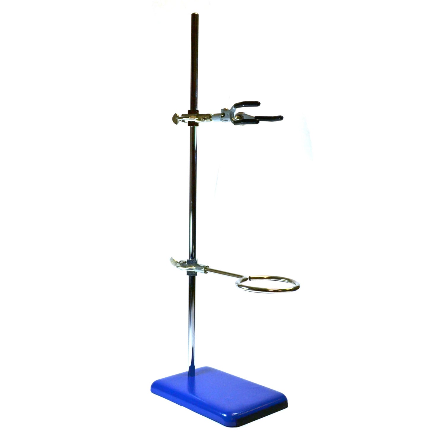 Eisco Labs 4-Piece Retort Stand Set – Steel Base 8"x5", 23.6" Stainless Steel Rod, 3" Support Ring & 3-Prong Clamp – Laboratory Stand for Chemistry & Science Experiments