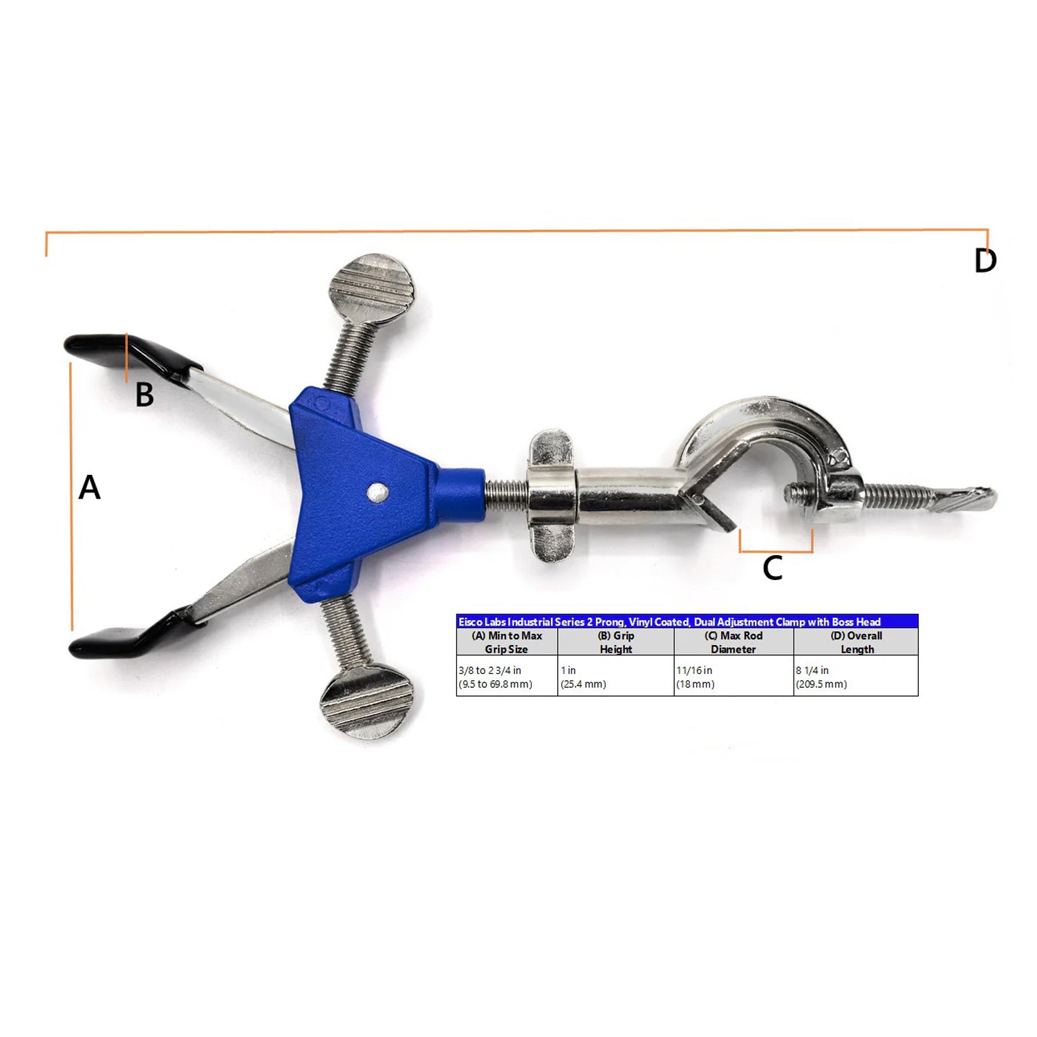 2-Finger Spring Loaded Lab Clamp with Swivel Bosshead – 2.75" Opening, Vinyl Coated Prongs, Zinc Alloy Construction