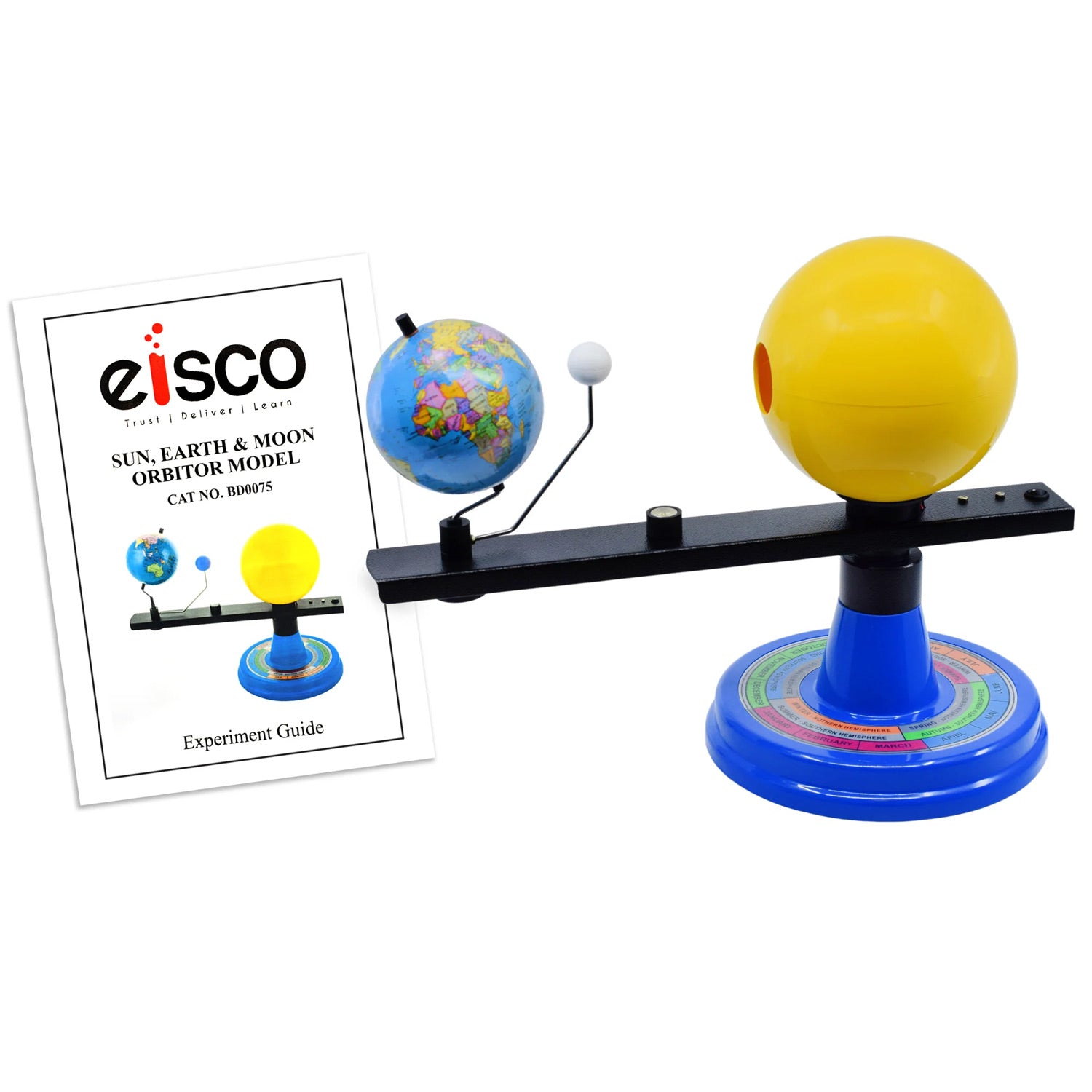 Sun, Earth & Moon Orbiter Model – 3D Planetary Motion Demonstrator with LED Sunlight, Seasons & Moon Phases – Includes Experiment Guide – 12.25” – Eisco Labs