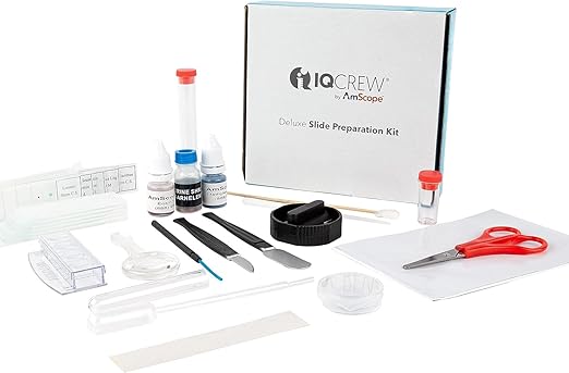 IQCrew 40-Piece Deluxe Microscope Slide Preparation Kit - Essential Student Tool Kit w/Stains + Shrimp Hatchery Experiment - SP-18