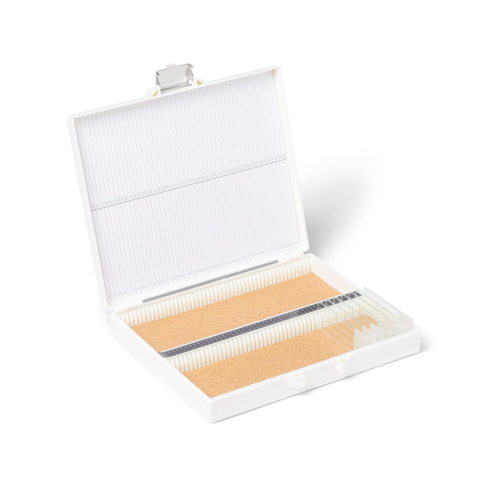 United Scientific® 25-Place Microscope Slide Storage Box – ABS Plastic, White – Secure Slide Holder with Cork Lining