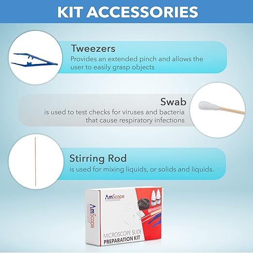 AmScope Microscope Slide Preparation Kit - Includes Blank Microscope Slides, Eosin Red & Methylene Blue Stain Powders, Tweezers, Swab & More - 22-Piece Kit