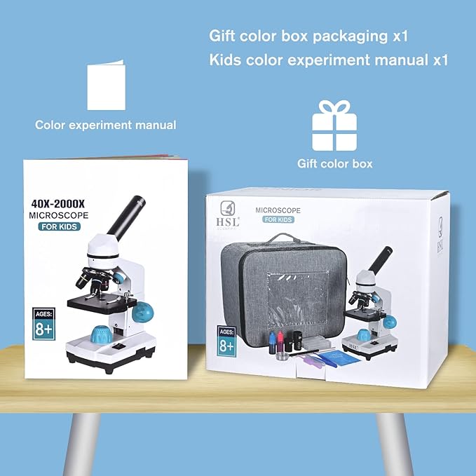 HSL Microscope for Kids,40X-2000X monocular Microscopes for Adults Students Beginner with LAD Set,Dual LED Phone Adapter Powerful Biological Microscopes for School Boys Girls Home Education Laboratory