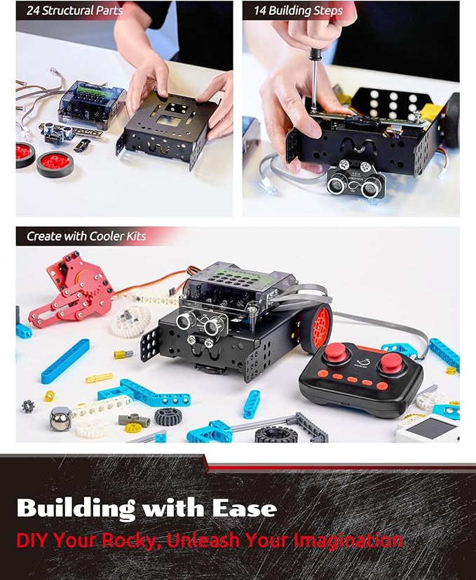 WhalesBot Rocky Smart Robot Car Coding & Remote Control Kit for Kids 8-16, Modular/Scratch/Python/C Programming, Educational Engineering Science Toy Set with Multiple Sensors and Smart Controller
