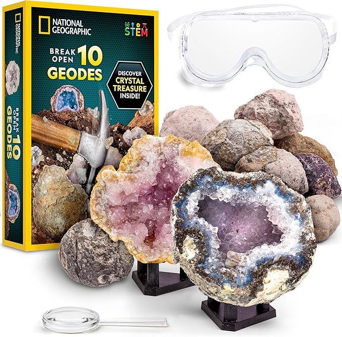 National Geographic Break Open 10 Premium Geodes – Includes Goggles & 2 Display Stands - Great STEM Science Kit, Geology Gift for Kids, Break Your Own Geodes with Crystals