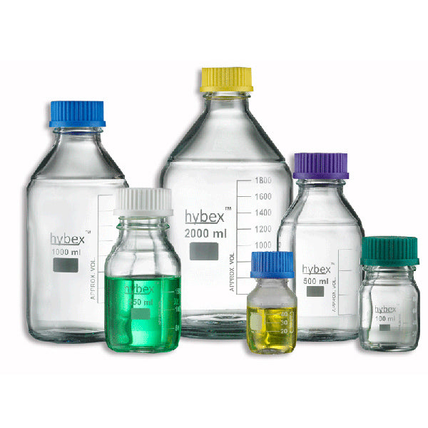 hybex™ Borosilicate Glass Media Storage Bottle Starter Pack with GL45 Blue Caps – Includes 100mL, 250mL, 500mL, and 1000mL Bottles