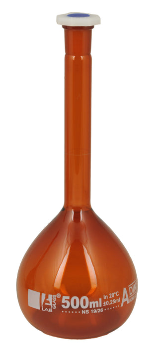 100 mL Class A Amber Volumetric Flask with 14/23 Polypropylene Stopper – Borosilicate Glass, White Graduation, High-Precision Laboratory Flask