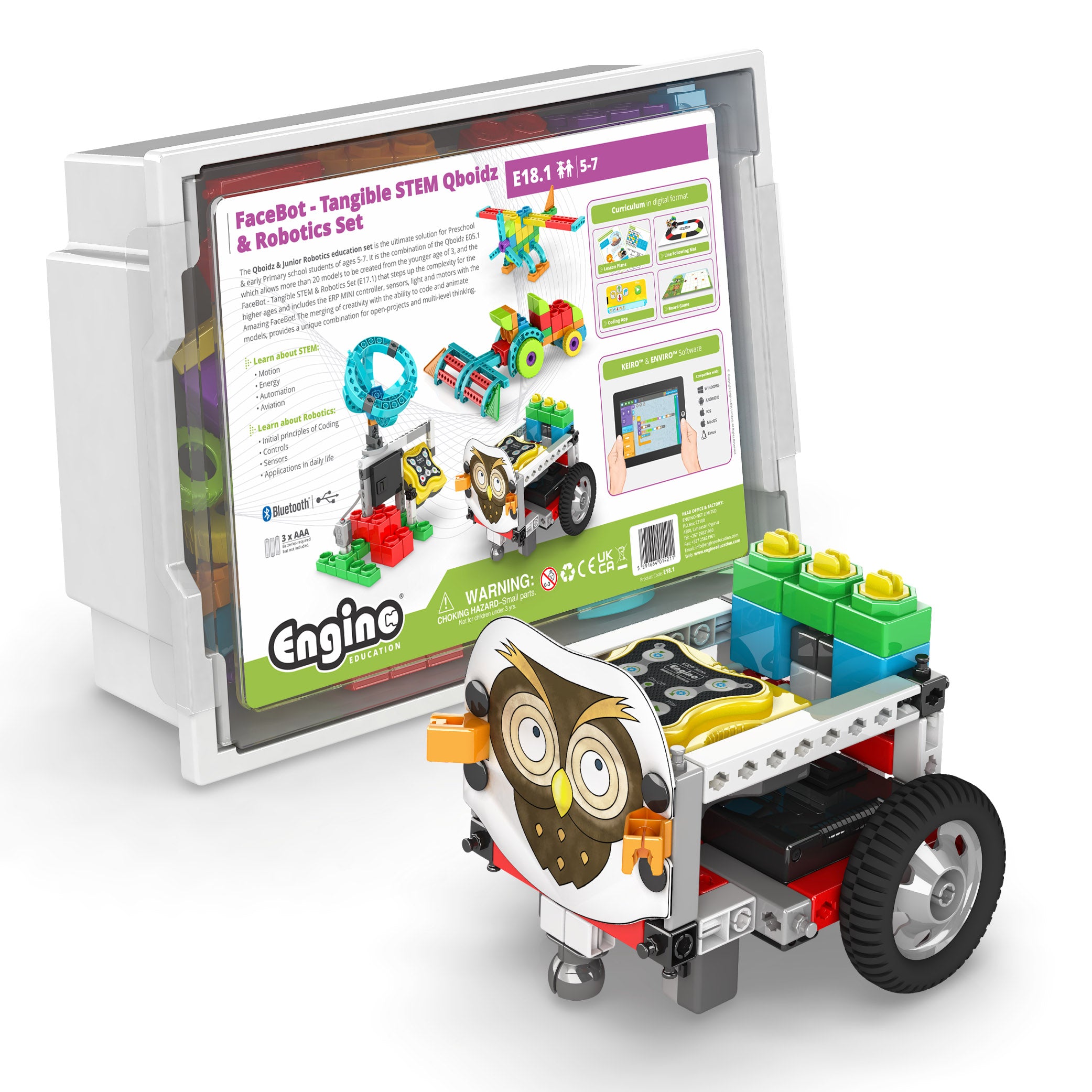 Engino® FaceBot Tangible STEM Robotics Kit for Kids Ages 5–7 – Qboidz Junior Coding & Engineering Set with Sensors, Motors & ERP Mini Controller