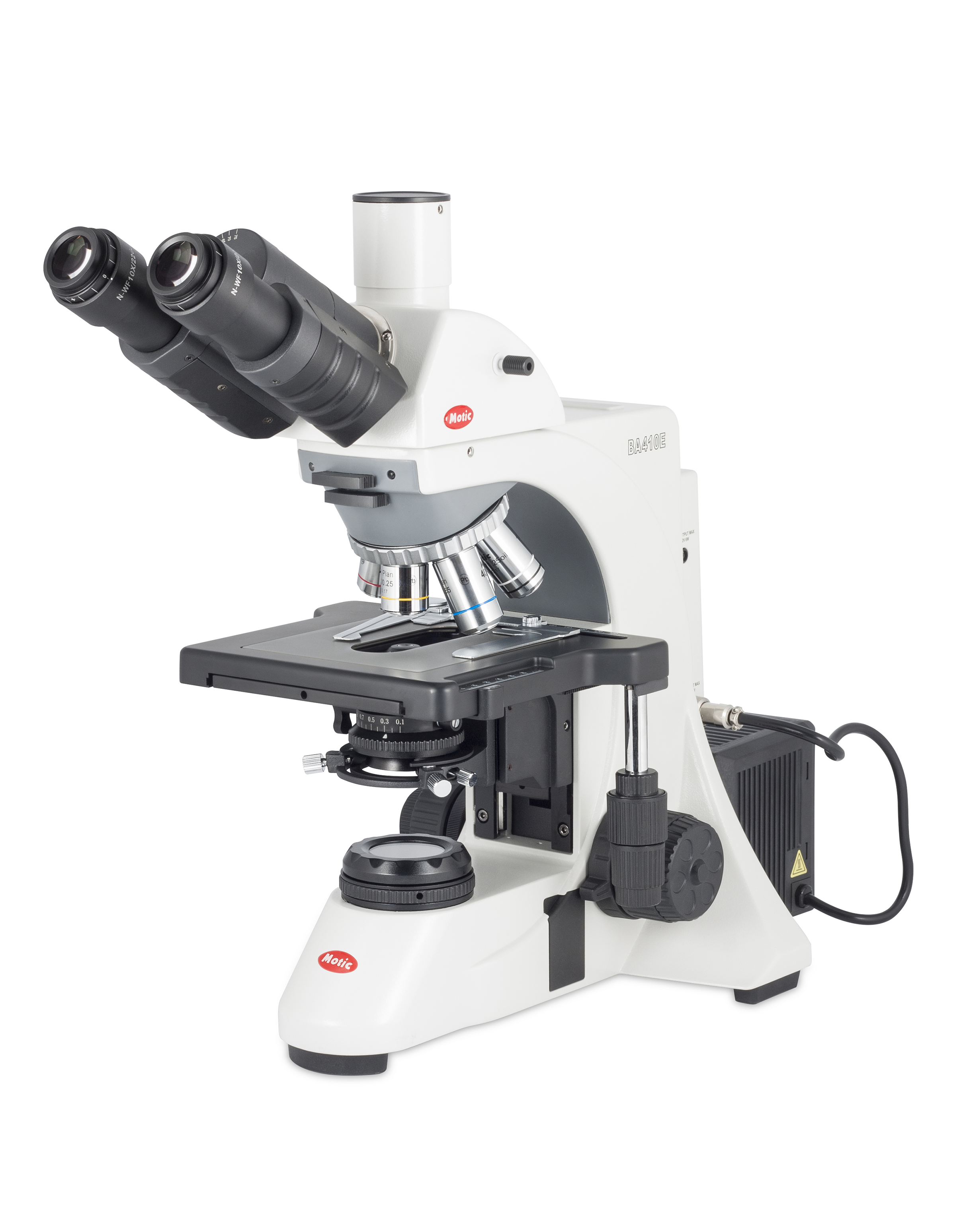 Motic BA410E Series Compound Microscopes – Binocular & Trinocular Models with CCIS® Infinity Optical System, EC-H Plan Achromatic Objectives, Koehler LED/Halogen Illumination & Sextuple Nosepiece Options