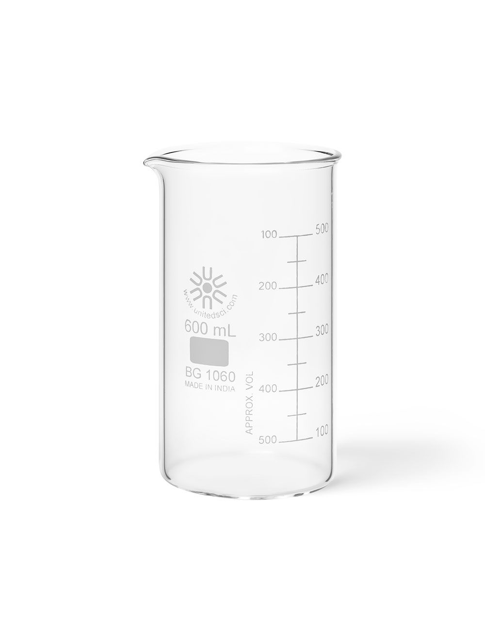 United Scientific® 100 mL Berzelius Tall Form Glass Beakers – Pack of 12 | Borosilicate, Graduated, Pouring Spout