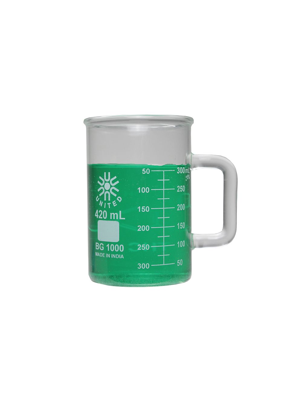 United Scientific® 400mL Low Form Beaker Mug with Handle – Borosilicate Glass, Dual Graduations, Caffeine Molecule Print