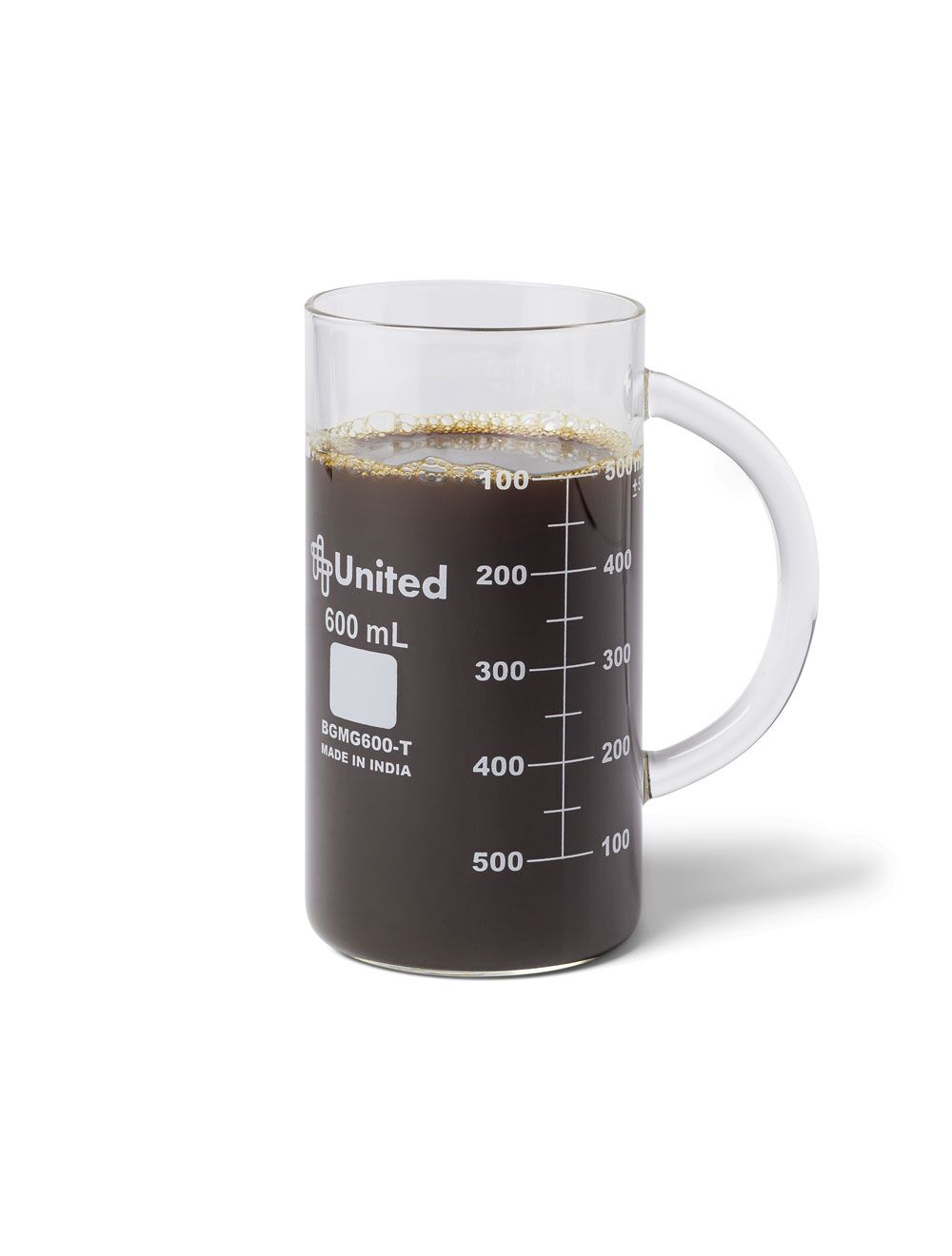 United Scientific® 400mL Low Form Beaker Mug with Handle – Borosilicate Glass, Dual Graduations, Caffeine Molecule Print