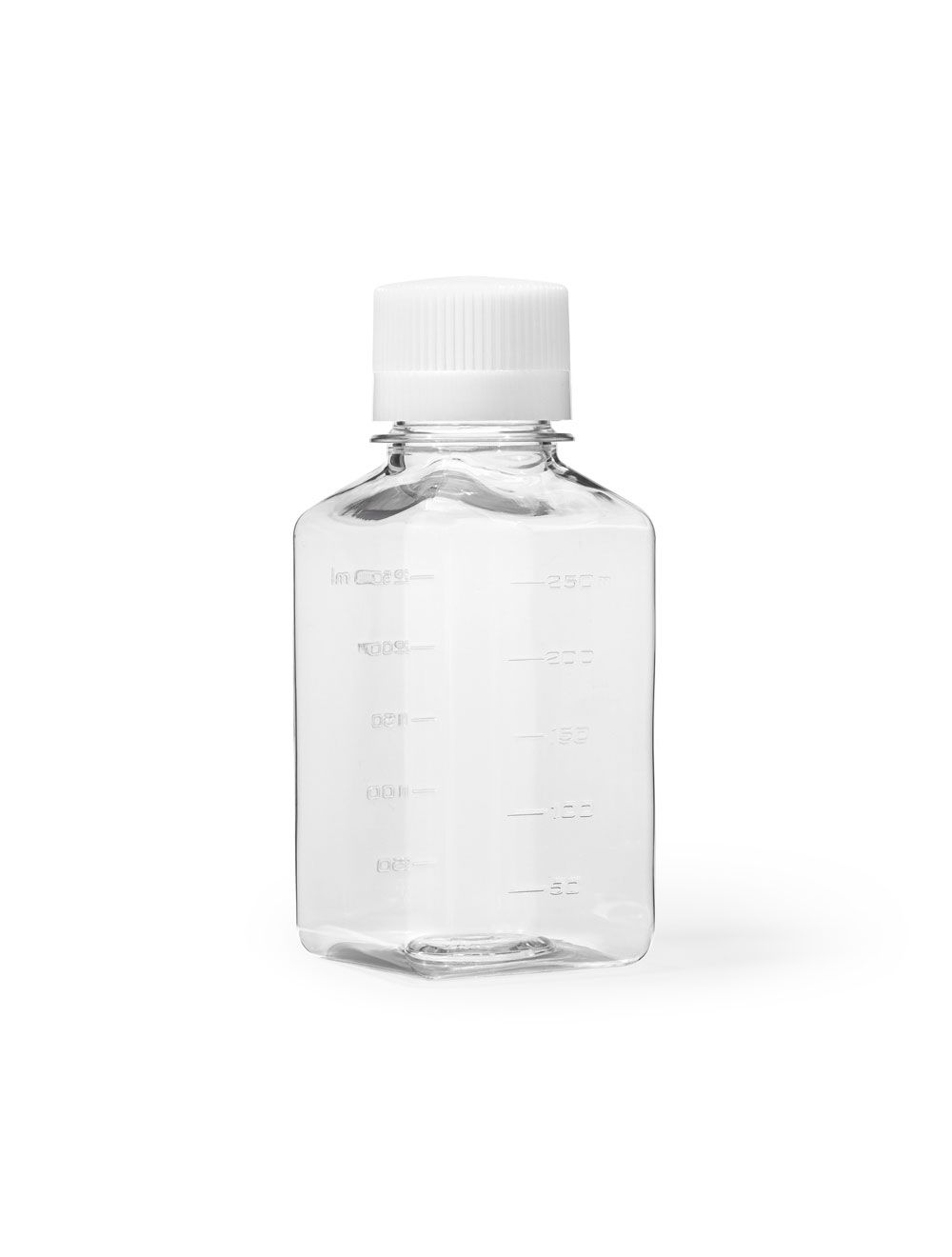 United Scientific® 250mL Square PET Media Storage Bottles with PP Caps – Pack of 12, Gamma Sterilized, Leak-Proof, Space-Saving