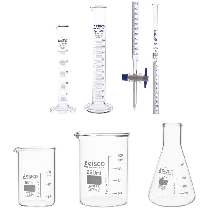 Eisco Labs Glass Titration Set – Complete 6-Piece Borosilicate Glassware Kit with Beakers, Cylinders, Flask & Burette for Chemistry Experiments
