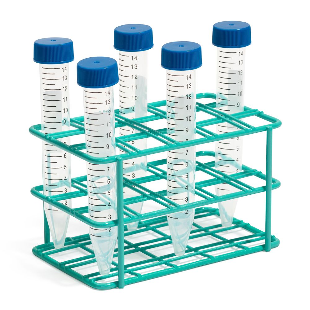 United Scientific® 15-Place Coated Wire Rack for 15 mL Centrifuge Tubes, Blue – Epoxy-Coated Steel, Autoclavable
