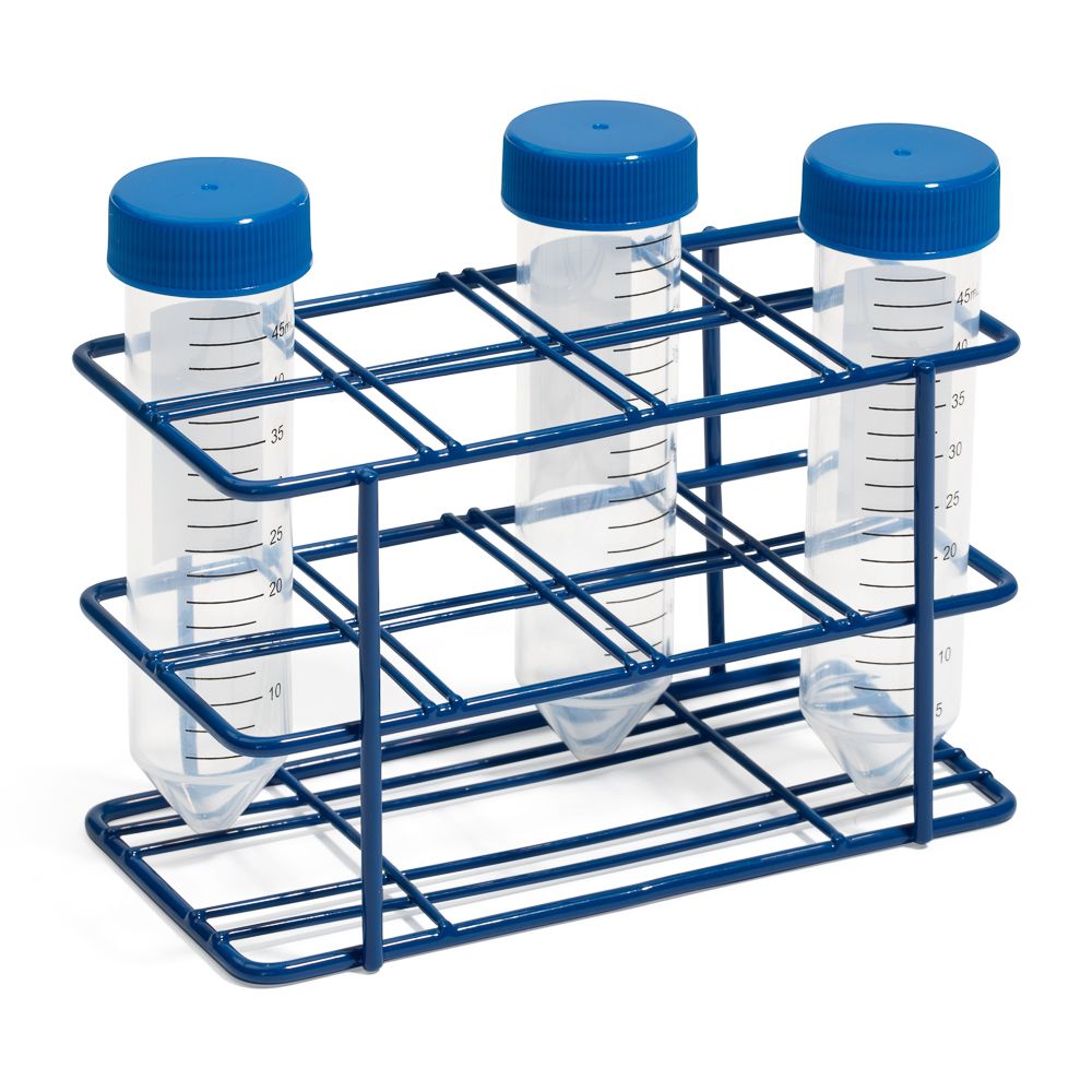 United Scientific® 15-Place Coated Wire Rack for 15 mL Centrifuge Tubes, Blue – Epoxy-Coated Steel, Autoclavable