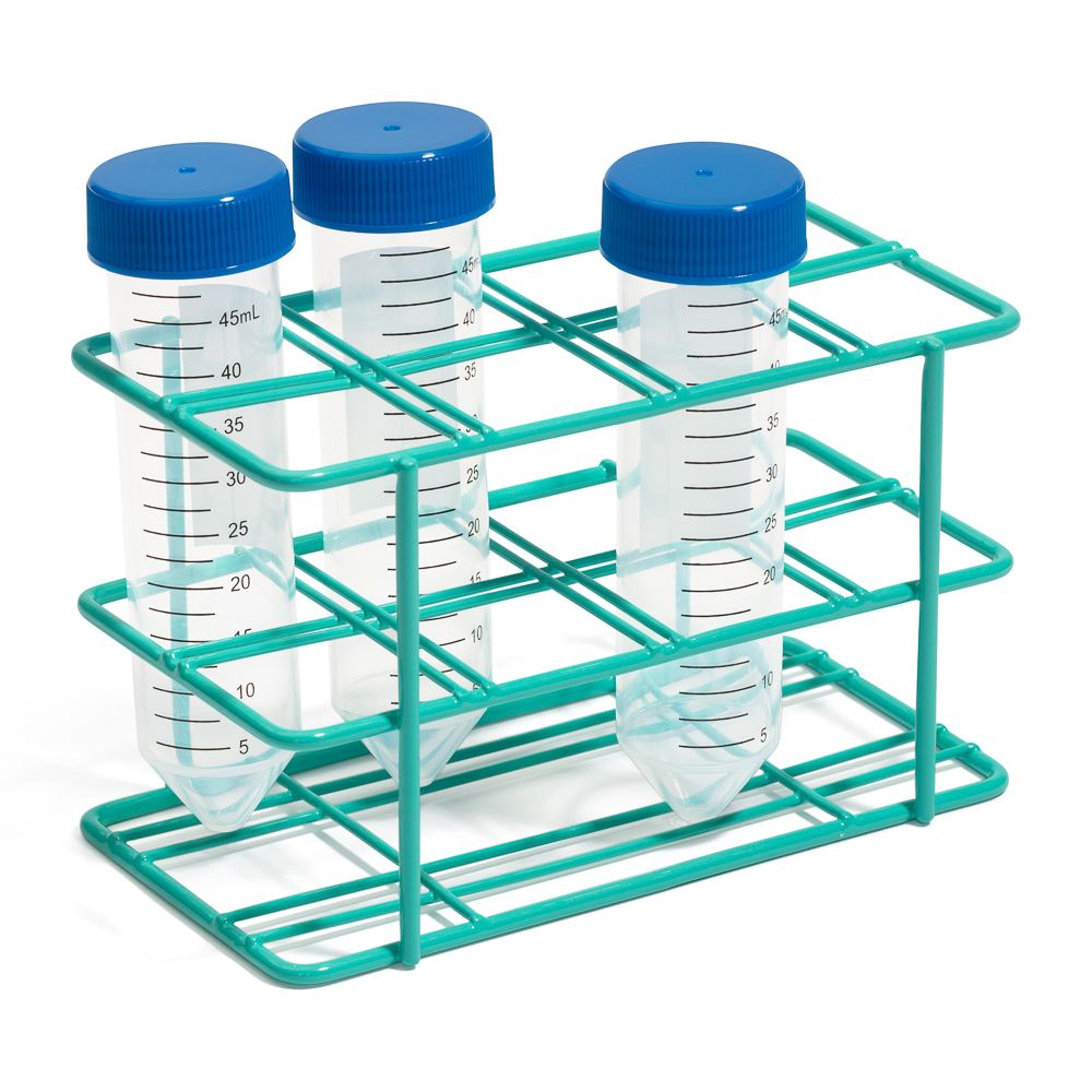 United Scientific® 15-Place Coated Wire Rack for 15 mL Centrifuge Tubes, Blue – Epoxy-Coated Steel, Autoclavable