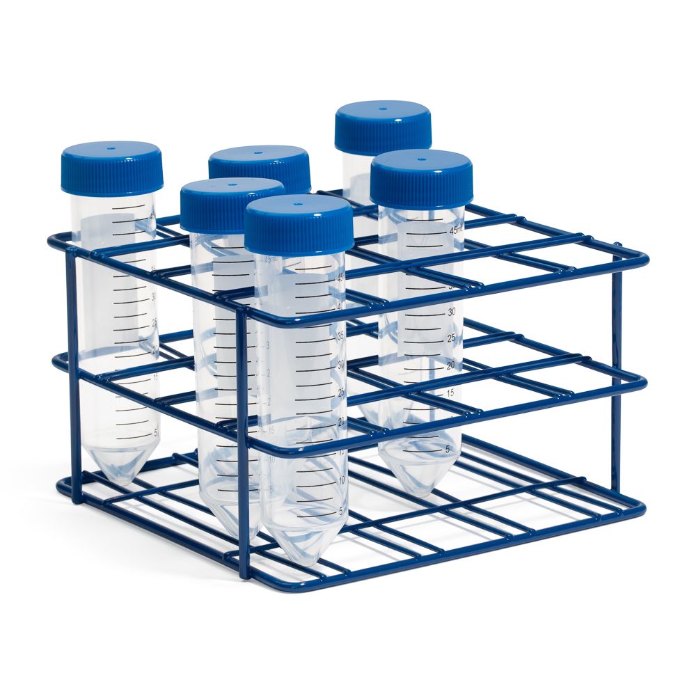 United Scientific® 15-Place Coated Wire Rack for 15 mL Centrifuge Tubes, Blue – Epoxy-Coated Steel, Autoclavable