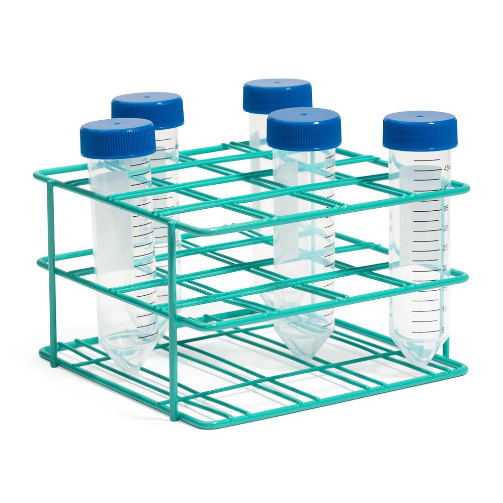 United Scientific® 15-Place Coated Wire Rack for 15 mL Centrifuge Tubes, Blue – Epoxy-Coated Steel, Autoclavable