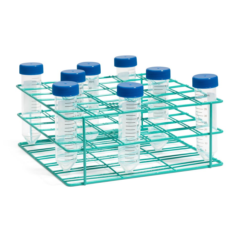 United Scientific® 15-Place Coated Wire Rack for 15 mL Centrifuge Tubes, Blue – Epoxy-Coated Steel, Autoclavable