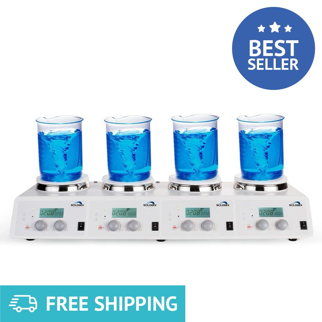 SCILOGEX SCI340-4 4-Channel Digital Hotplate Stirrer, 340°C Max, 1500 RPM, Ceramic-Coated Plates