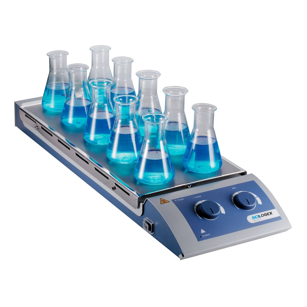 SCILOGEX SCI120-HS 10-Channel Analog Magnetic Hotplate Stirrer, 120°C Max, 1100 RPM, Stainless Steel Surface