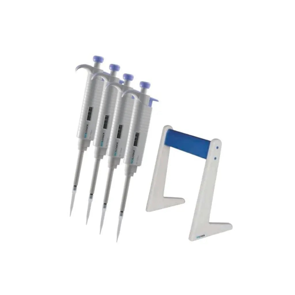 Scilogex MicroPette Plus Autoclavable Pipettor Starter Kit 2 — 0.5–10µL, 10–100µL, 100–1000µL, 1000–5000µL + Linear Stand, ISO8655 Certified
