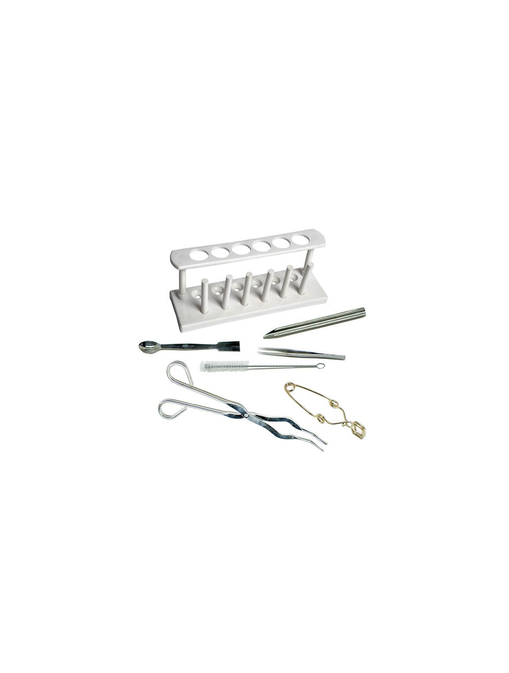 Deluxe Laboratory Tools Kit – 7 Piece Lab Equipment Set with Test Tube Rack, Brush, Clamp, Tongs, Spatula, Scoop & Forceps