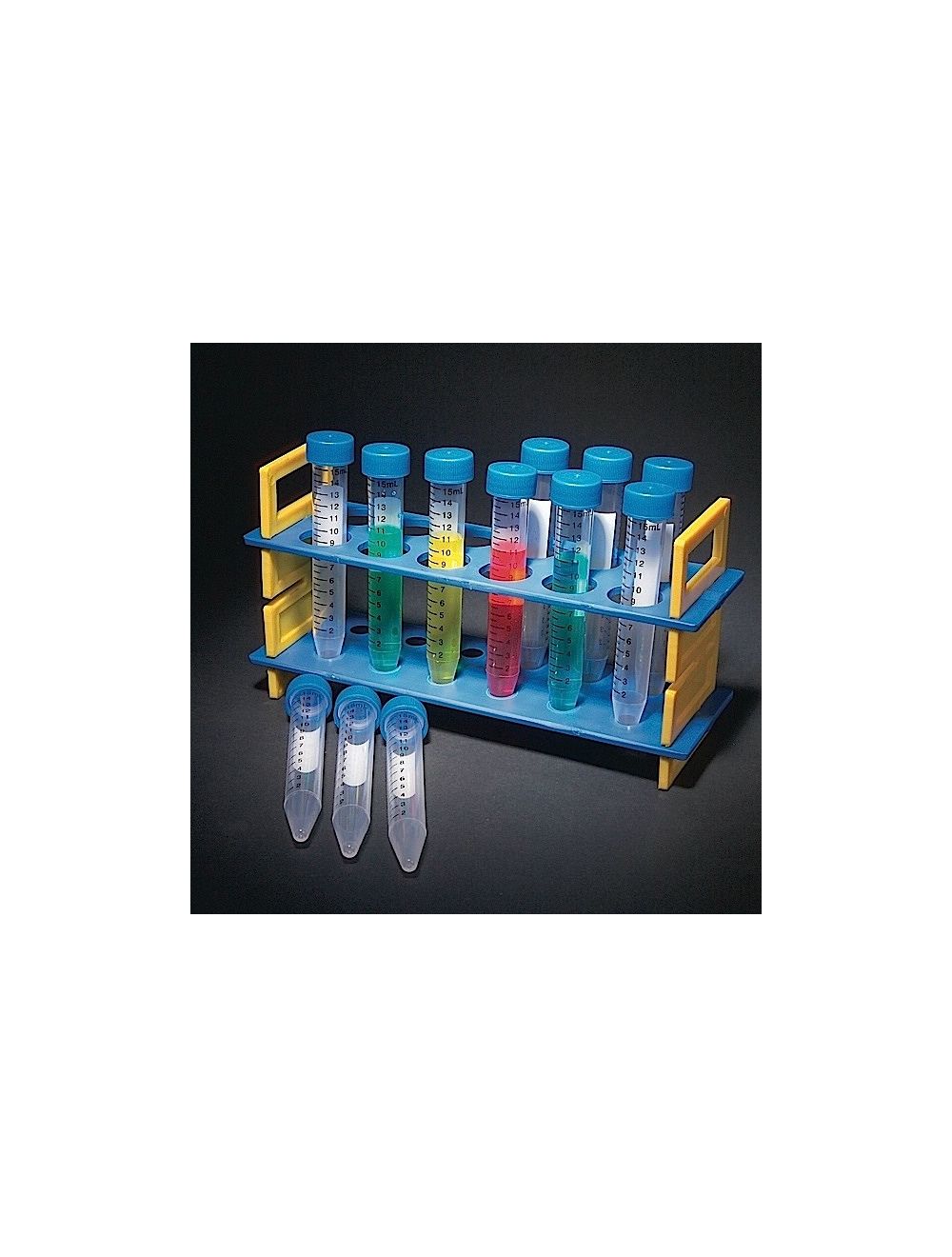United Scientific® 15mL Plastic Test Tube Rack Set with 12 Graduated Screw Cap Tubes – Two-Tier Polypropylene Rack for Lab & Classroom Use