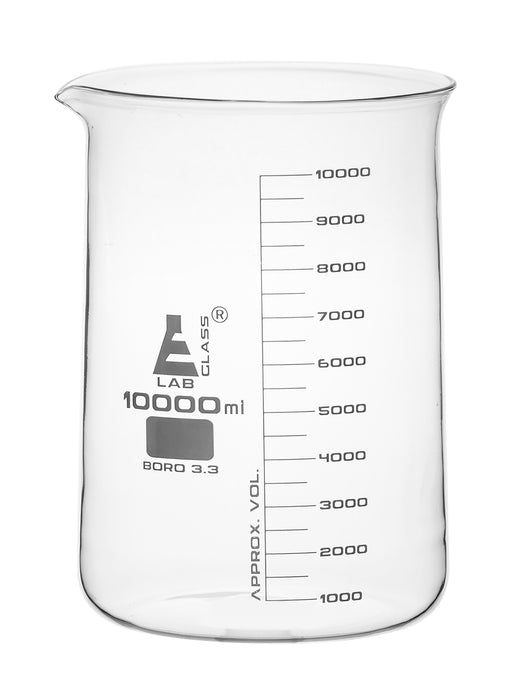 3000mL Low Form Beaker – Borosilicate Glass 3.3, White Graduations, Heavy-Duty Lab Beaker with Pouring Spout – Eisco Labs