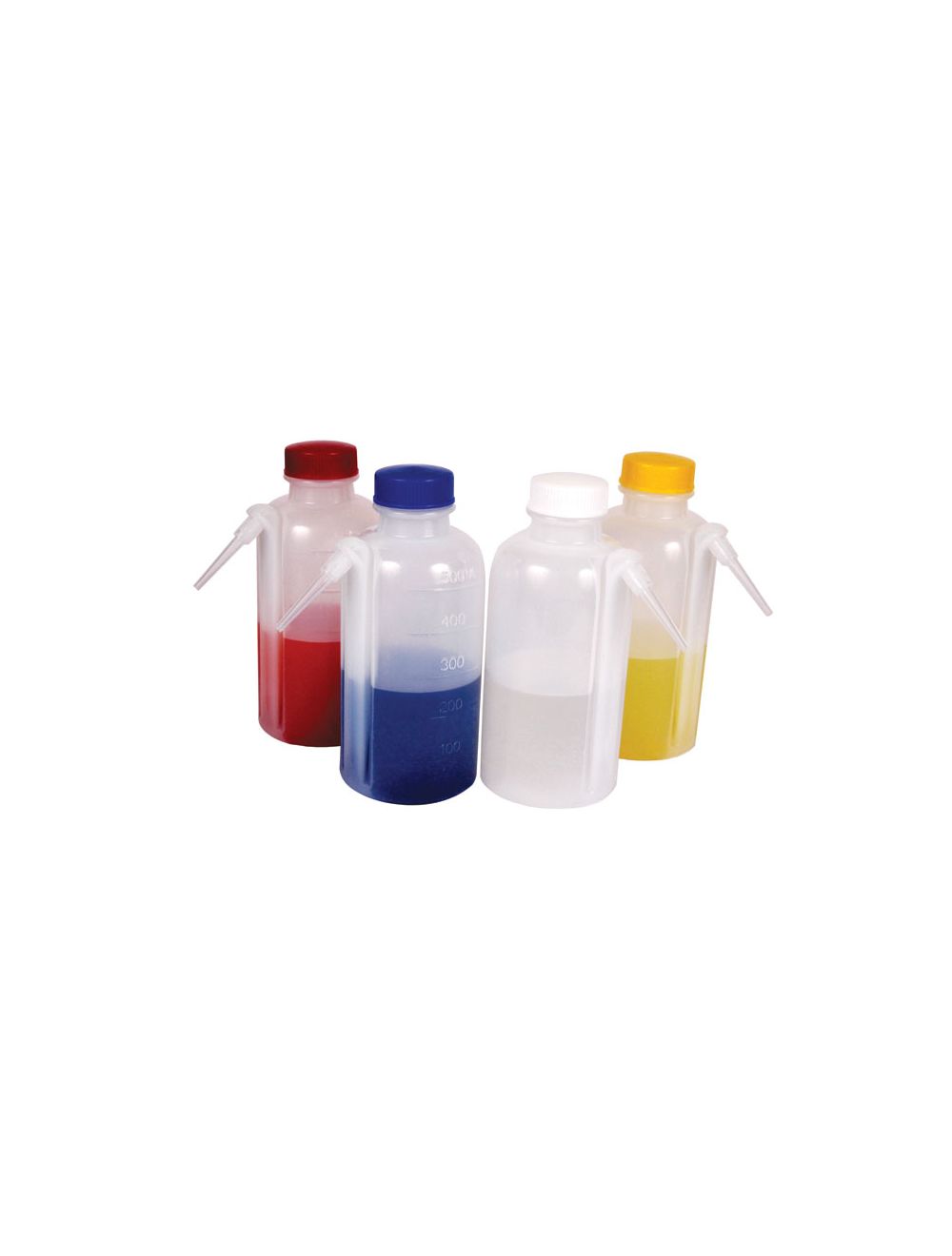 500mL Unitary Wash Bottles Set – LDPE Plastic with Colored Polypropylene Caps (Red, Yellow, Blue, White) – Pack of 4 – United Scientific®